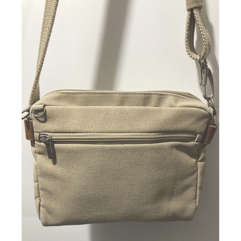 Travelon Heritage Crossbody/Shoulder Bag Tan Canvas Anti Theft Leather Accents - Picture 2 of 10